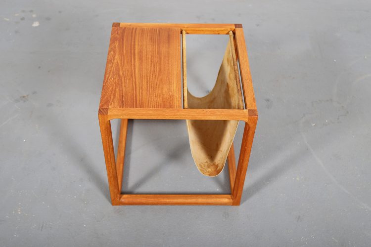 Danish Design Cube Side Table Teak Suede Magazine Rack by Kai Kristiansen