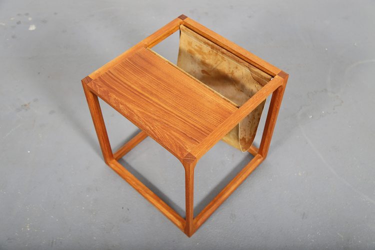 Danish Design Cube Side Table Teak Suede Magazine Rack by Kai Kristiansen