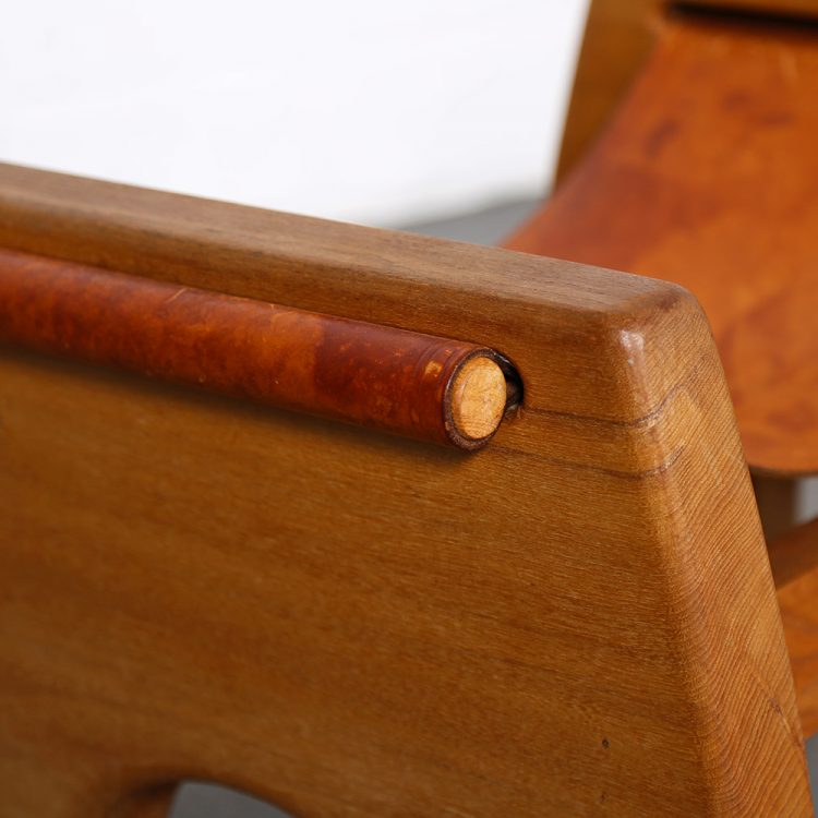 Rare French Oak and Cognac Leather Stool