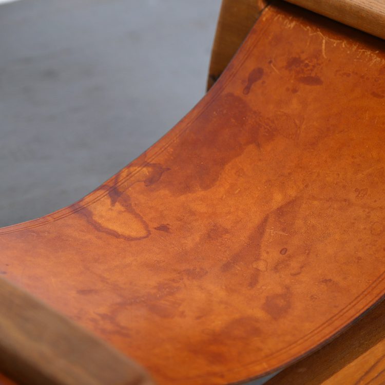 Rare French Oak and Cognac Leather Stool
