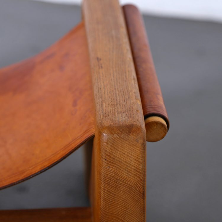 Rare French Oak and Cognac Leather Stool