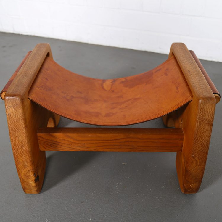 Rare French Oak and Cognac Leather Stool