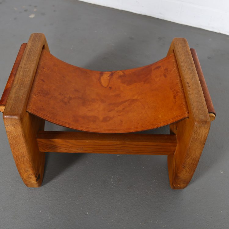 Rare French Oak and Cognac Leather Stool