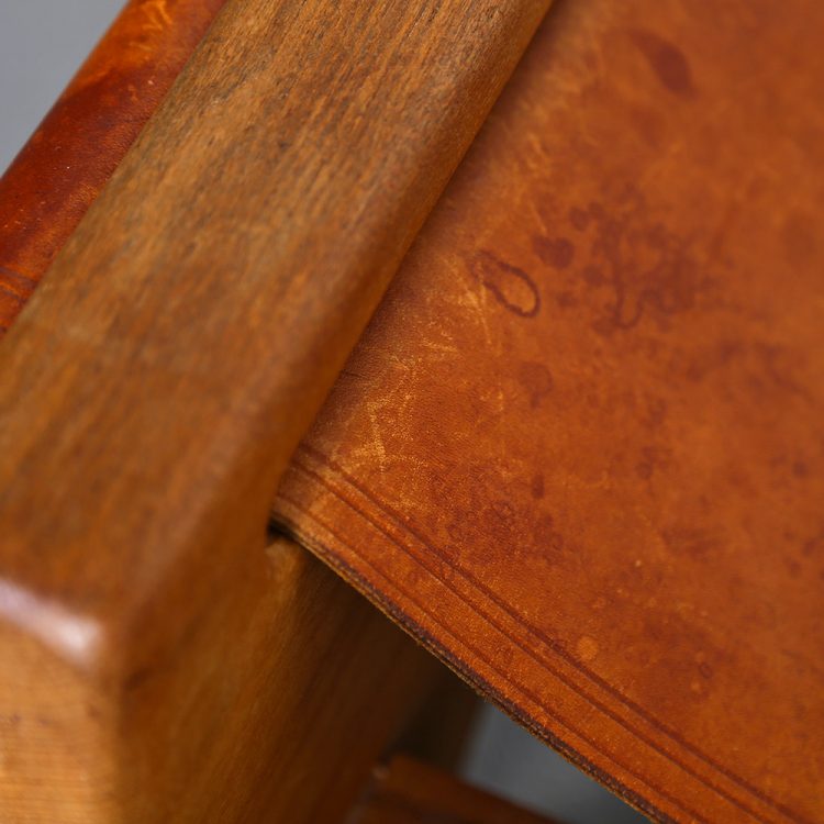 Rare French Oak and Cognac Leather Stool