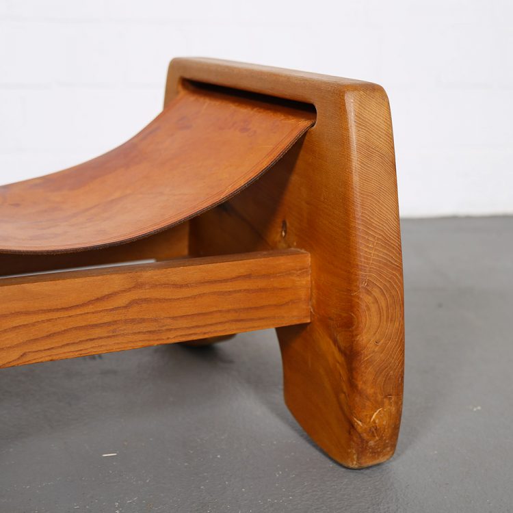 Rare French Oak and Cognac Leather Stool