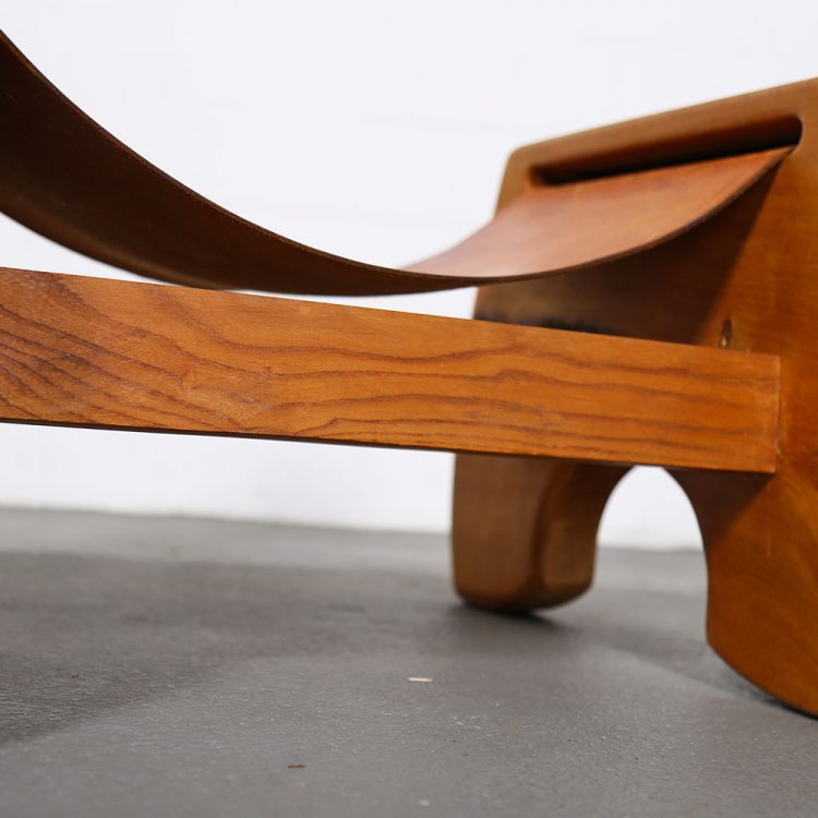 Rare French Oak and Cognac Leather Stool