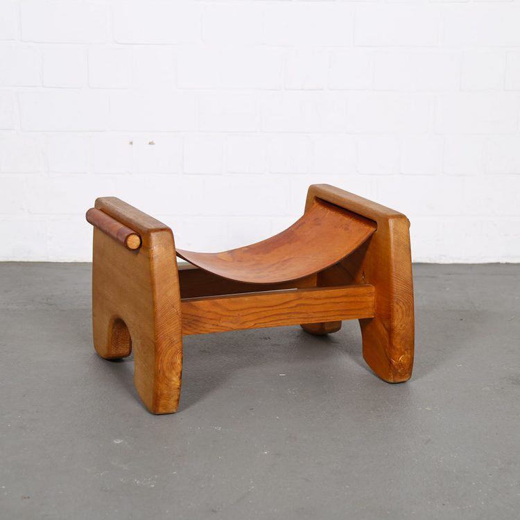 Rare French Oak and Cognac Leather Stool