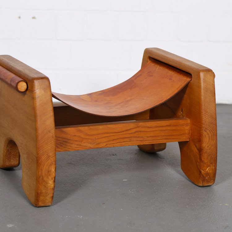 Rare French Oak and Cognac Leather Stool
