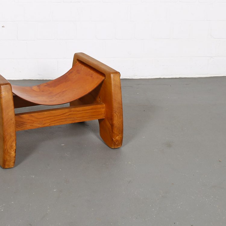 Rare French Oak and Cognac Leather Stool