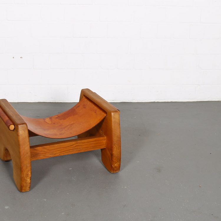 Rare French Oak and Cognac Leather Stool