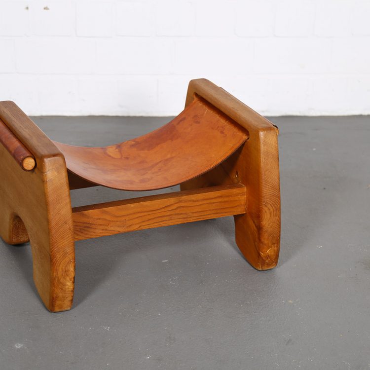 Rare French Oak and Cognac Leather Stool