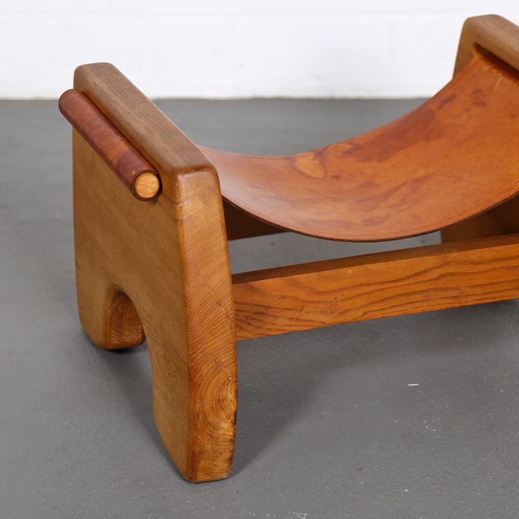 Rare French Oak and Cognac Leather Stool