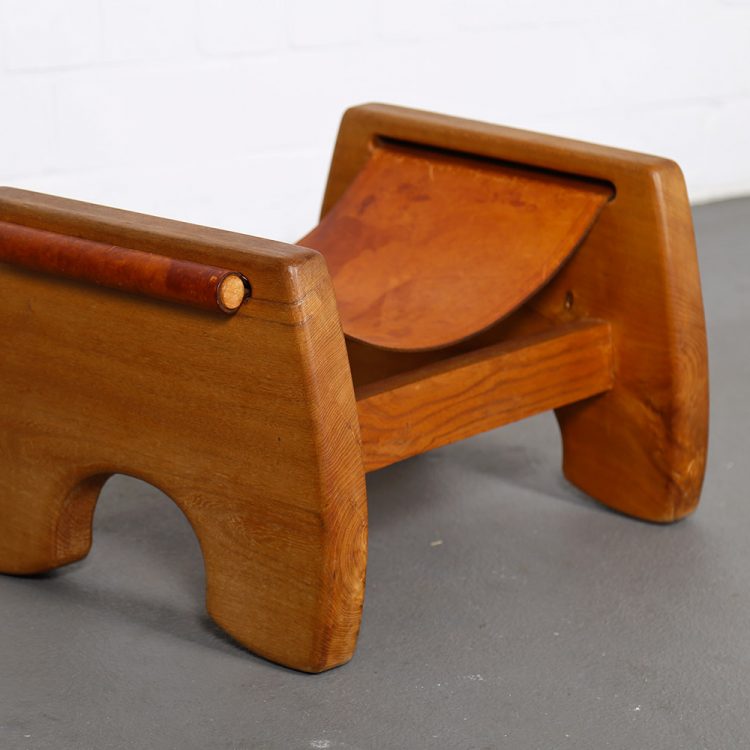 Rare French Oak and Cognac Leather Stool