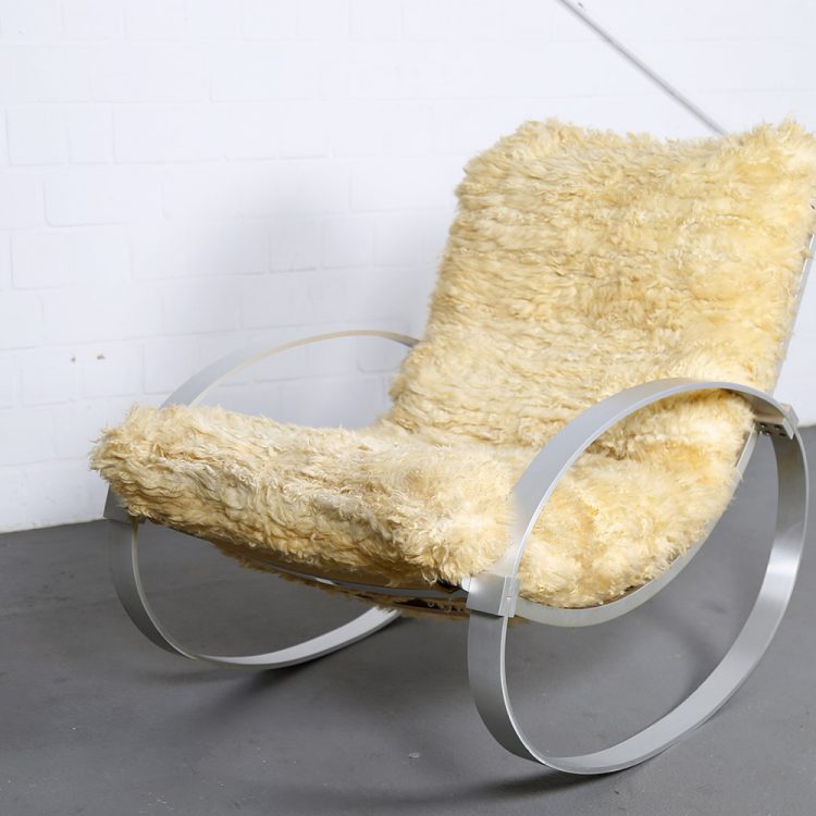 Hans Kaufeld Sheepskin and Brushed Aluminium Mid-Century Modern Rocking Chair