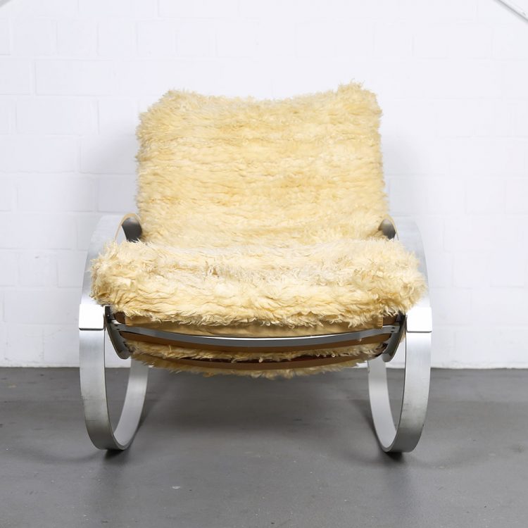 Hans Kaufeld Sheepskin and Brushed Aluminium Mid-Century Modern Rocking Chair