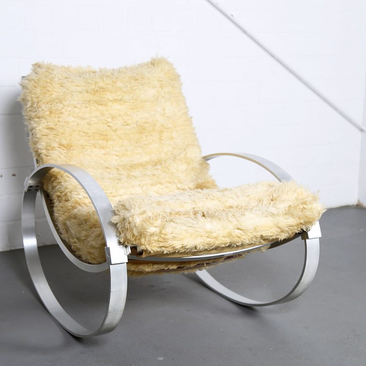 Hans Kaufeld Sheepskin and Brushed Aluminium Mid-Century Modern Rocking Chair