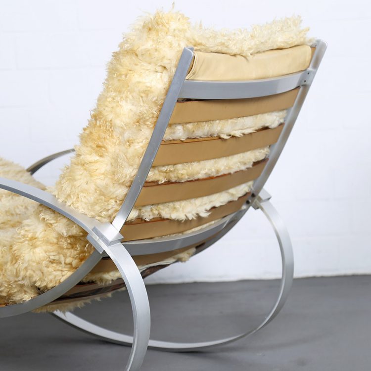 Hans Kaufeld Sheepskin and Brushed Aluminium Mid-Century Modern Rocking Chair
