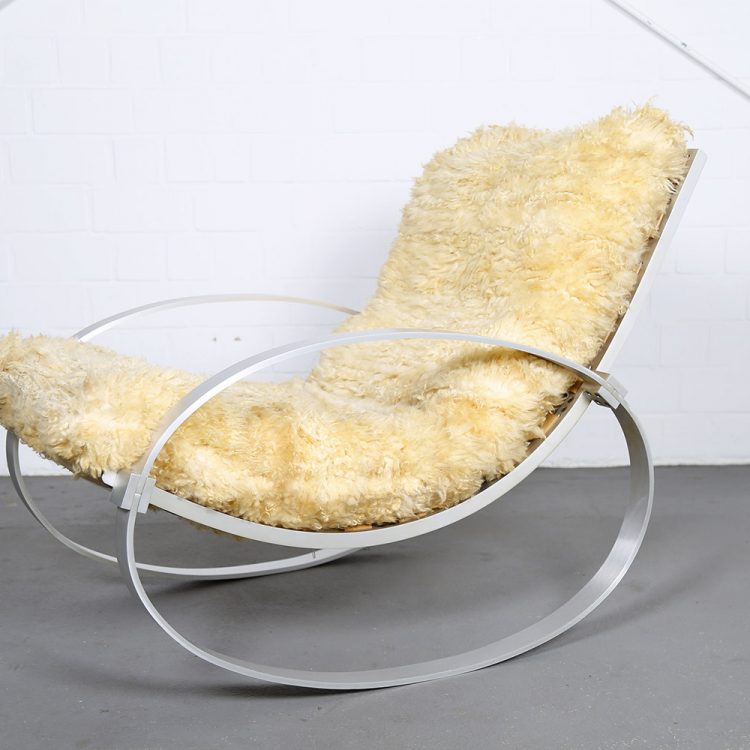 Hans Kaufeld Sheepskin and Brushed Aluminium Mid-Century Modern Rocking Chair