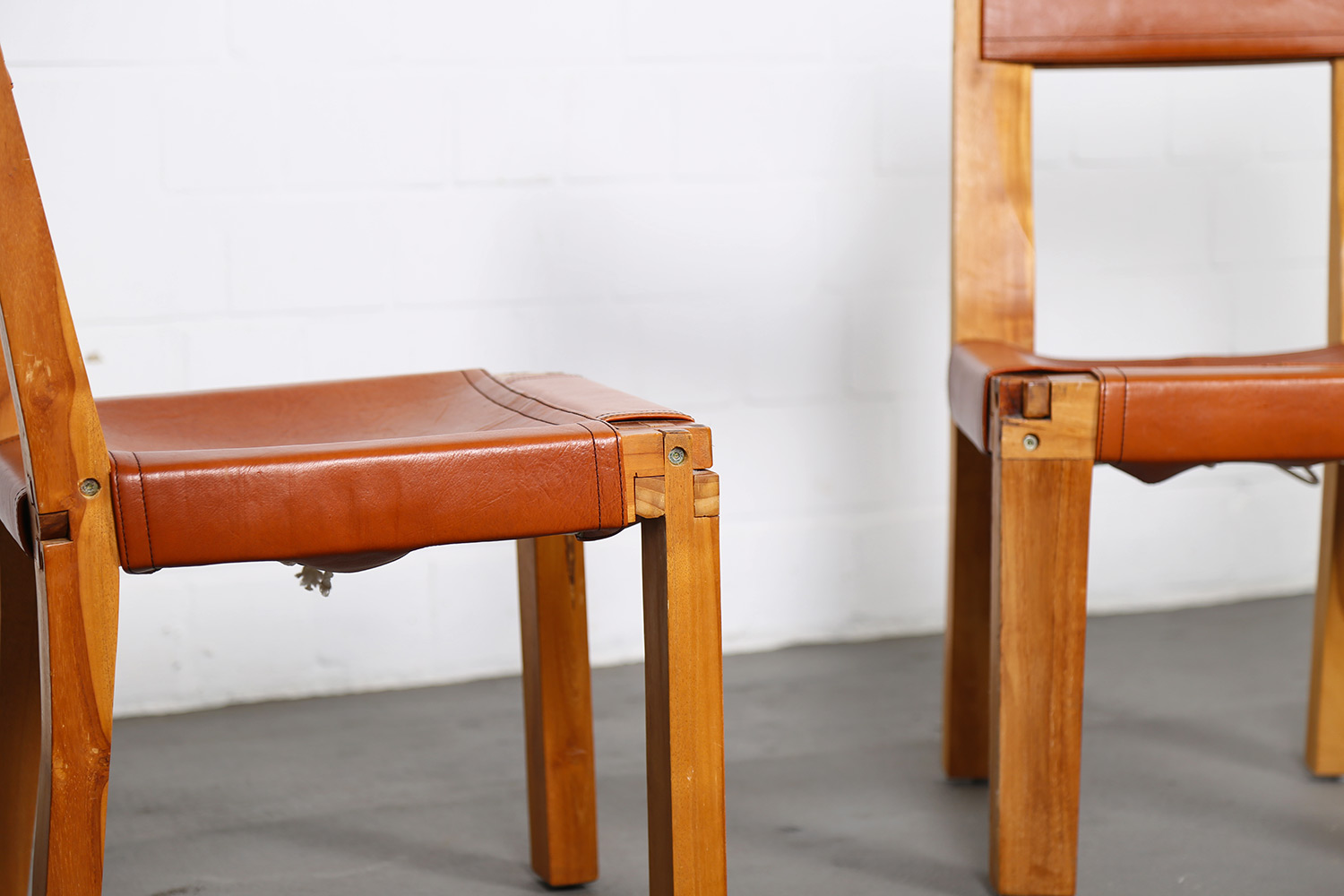Rare Pierre Chapo Set of 2 'S11' Chairs in Elm Wood and Patinated Leather