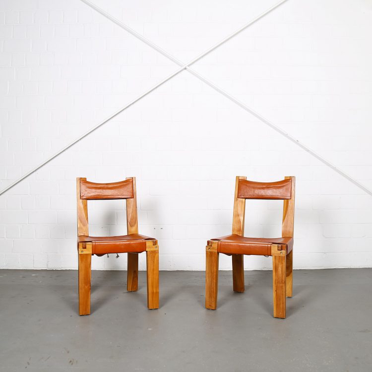 Rare Pierre Chapo Set of 2 'S11' Chairs in Elm Wood and Patinated Leather