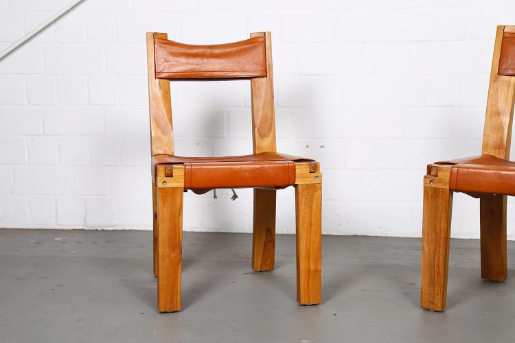 Rare Pierre Chapo Set of 2 'S11' Chairs in Elm Wood and Patinated Leather