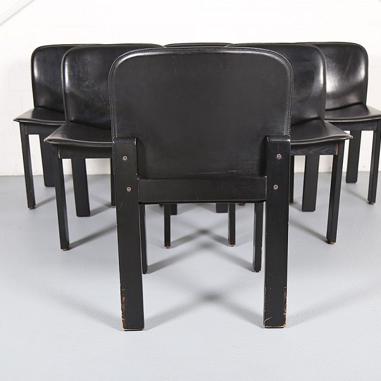Afra & Tobia Scarpa Style Set of 6 Dining Chairs Wood & Black Leather