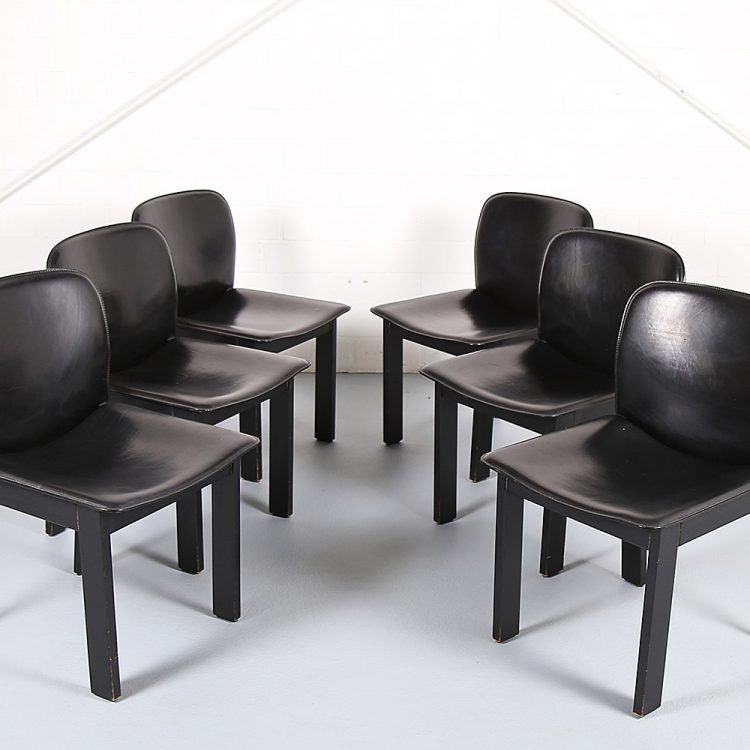 Afra & Tobia Scarpa Style Set of 6 Dining Chairs Wood & Black Leather