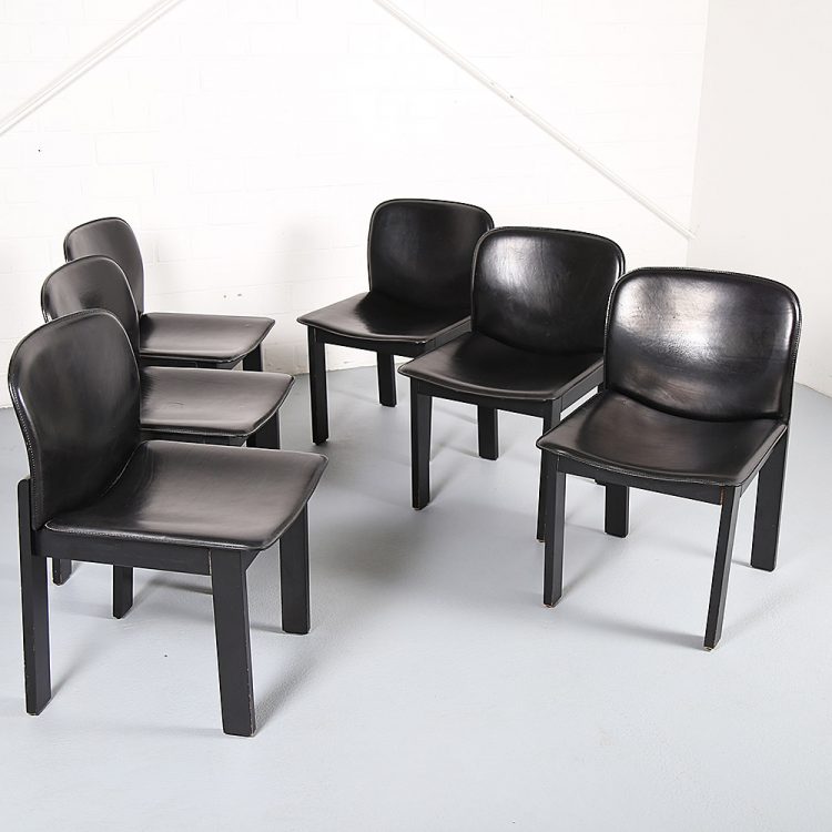 Afra & Tobia Scarpa Style Set of 6 Dining Chairs Wood & Black Leather
