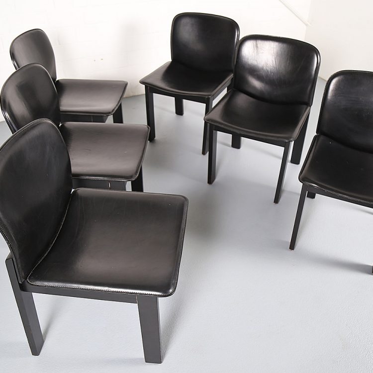 Afra & Tobia Scarpa Style Set of 6 Dining Chairs Wood & Black Leather