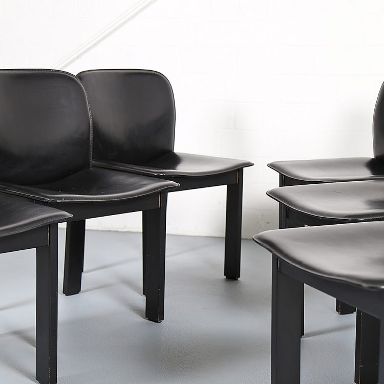 Afra & Tobia Scarpa Style Set of 6 Dining Chairs Wood & Black Leather