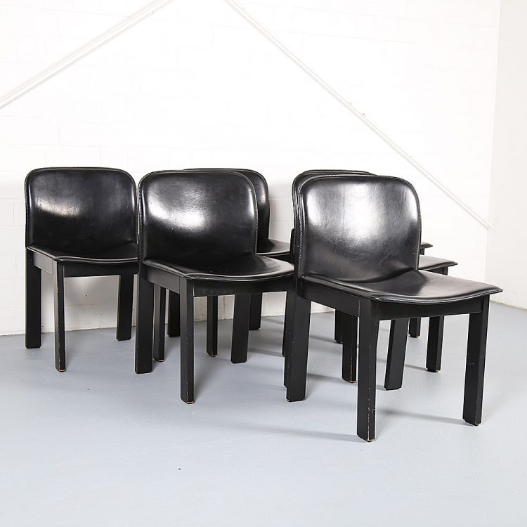 Afra & Tobia Scarpa Style Set of 6 Dining Chairs Wood & Black Leather