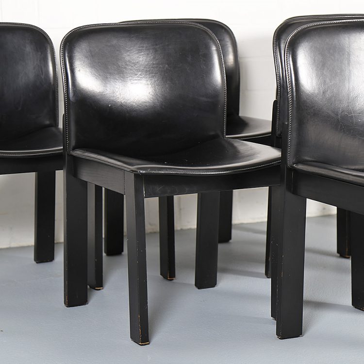 Afra & Tobia Scarpa Style Set of 6 Dining Chairs Wood & Black Leather
