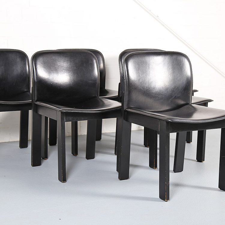 Afra & Tobia Scarpa Style Set of 6 Dining Chairs Wood & Black Leather