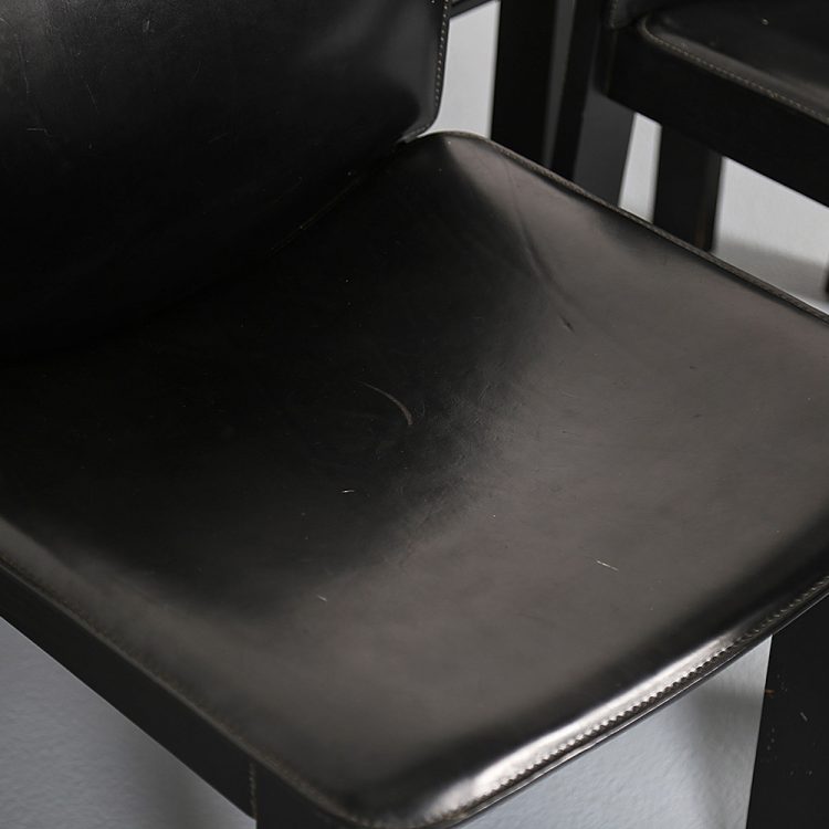 Afra & Tobia Scarpa Style Set of 6 Dining Chairs Wood & Black Leather