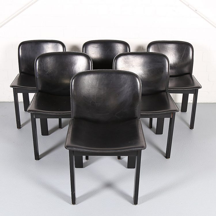 Afra & Tobia Scarpa Style Set of 6 Dining Chairs Wood & Black Leather