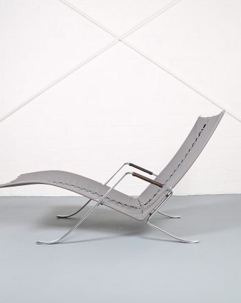 FK-87 Grasshopper Liegesessel von Preben Fabricius & Jorgen Kastholm für Kill International, luxuriöser Design-Klassiker aus Leder und verchromtem Flachstahl.