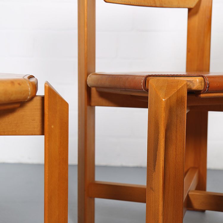 Pierre Chapo Style Set of 4 Dining Chairs Beech Wood Cognac Leather