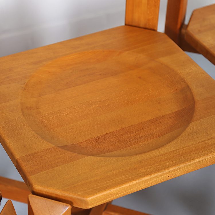 Pierre Chapo Style Set of 4 Dining Chairs Beech Wood Cognac Leather