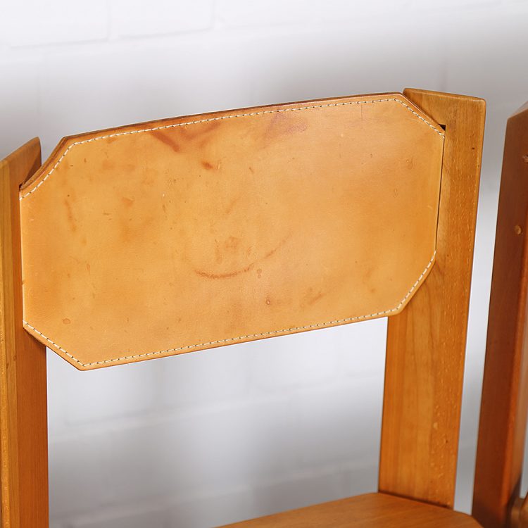 Pierre Chapo Style Set of 4 Dining Chairs Beech Wood Cognac Leather