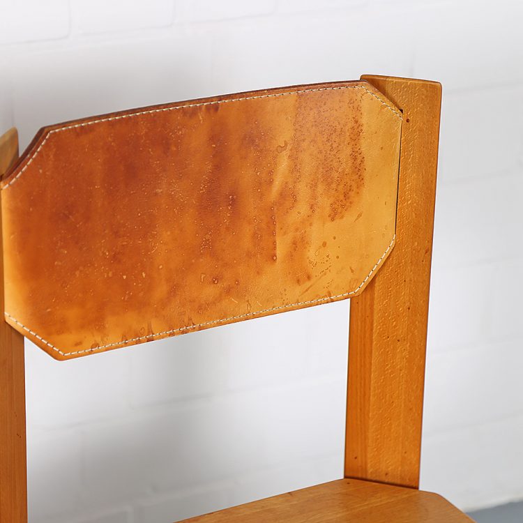 Pierre Chapo Style Set of 4 Dining Chairs Beech Wood Cognac Leather