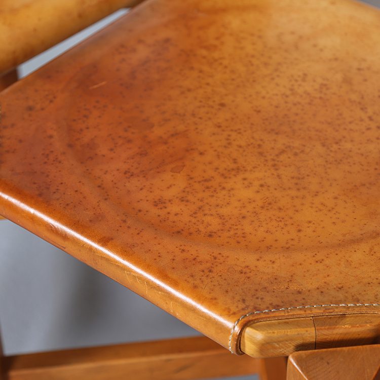 Pierre Chapo Style Set of 4 Dining Chairs Beech Wood Cognac Leather