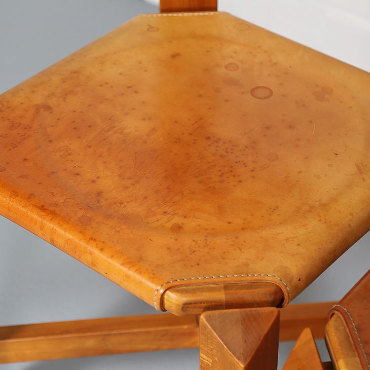 Pierre Chapo Style Set of 4 Dining Chairs Beech Wood Cognac Leather