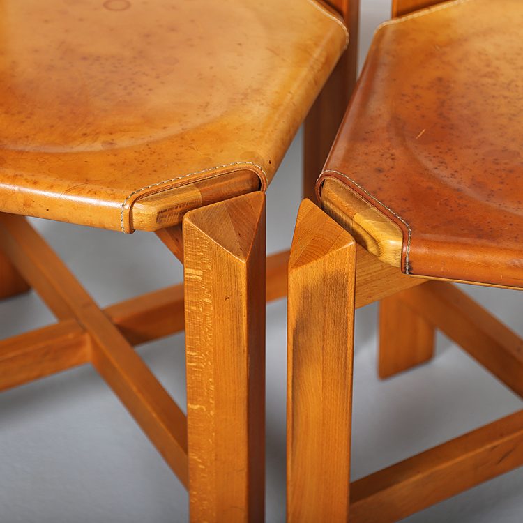 Pierre Chapo Style Set of 4 Dining Chairs Beech Wood Cognac Leather