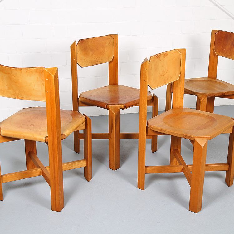 Pierre Chapo Style Set of 4 Dining Chairs Beech Wood Cognac Leather