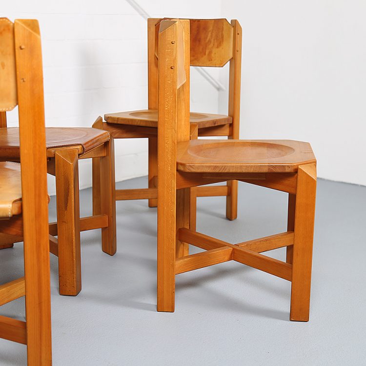 Pierre Chapo Style Set of 4 Dining Chairs Beech Wood Cognac Leather