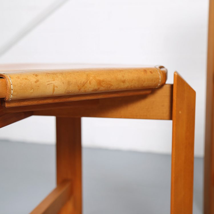 Pierre Chapo Style Set of 4 Dining Chairs Beech Wood Cognac Leather