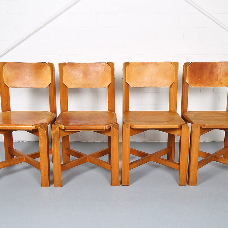 Pierre Chapo Style Set of 4 Dining Chairs Beech Wood Cognac Leather