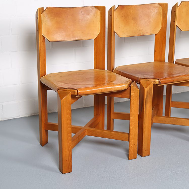 Pierre Chapo Style Set of 4 Dining Chairs Beech Wood Cognac Leather