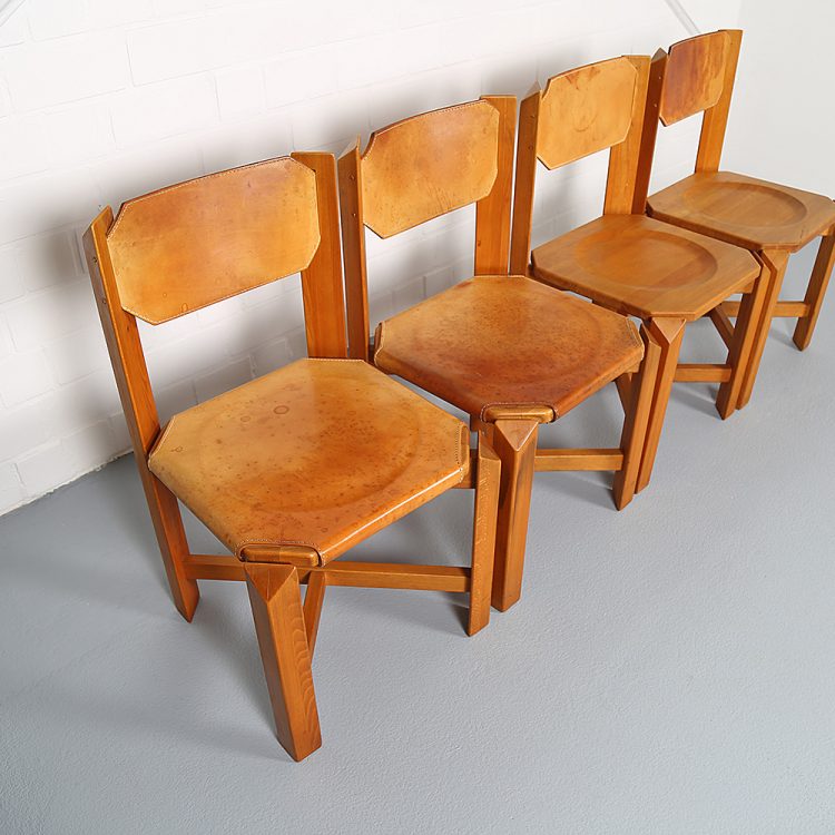 Pierre Chapo Style Set of 4 Dining Chairs Beech Wood Cognac Leather