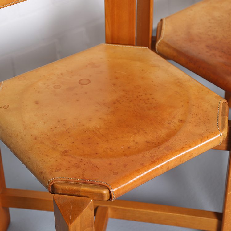 Pierre Chapo Style Set of 4 Dining Chairs Beech Wood Cognac Leather